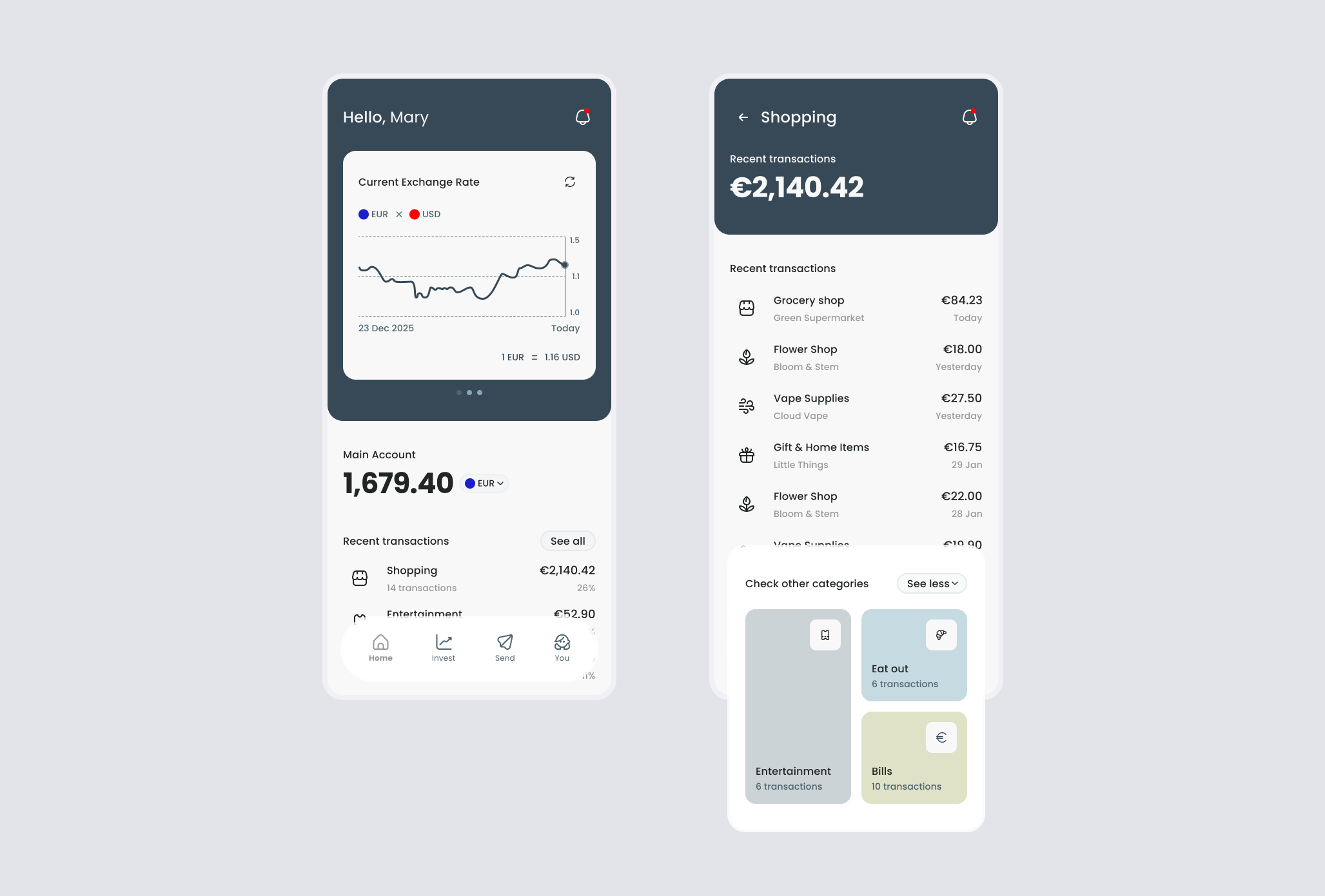 Finance app dashboard with instant currency exchange
